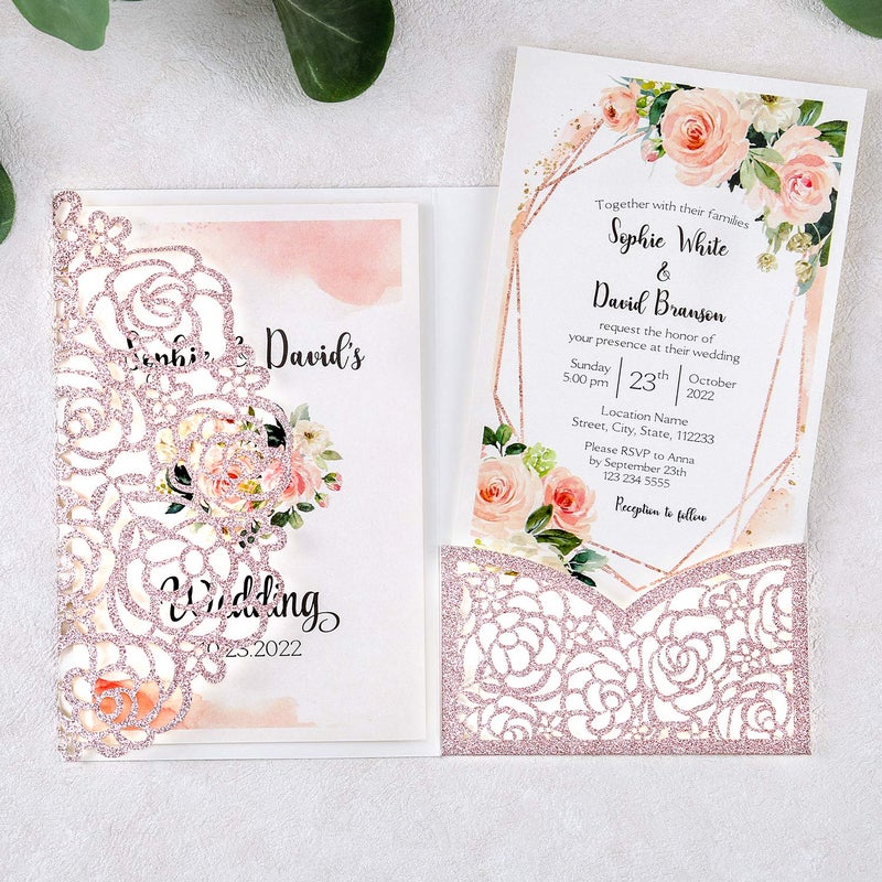 DreamBuilt 4.7 x7 inch 50PCS Blank Rose Gold Glitter Wedding Invitations Kit Laser Cut Hollow Rose Pocket Wedding Invitation Cards with Envelopes for Wedding Bridal Shower Engagement Invite - Image 3